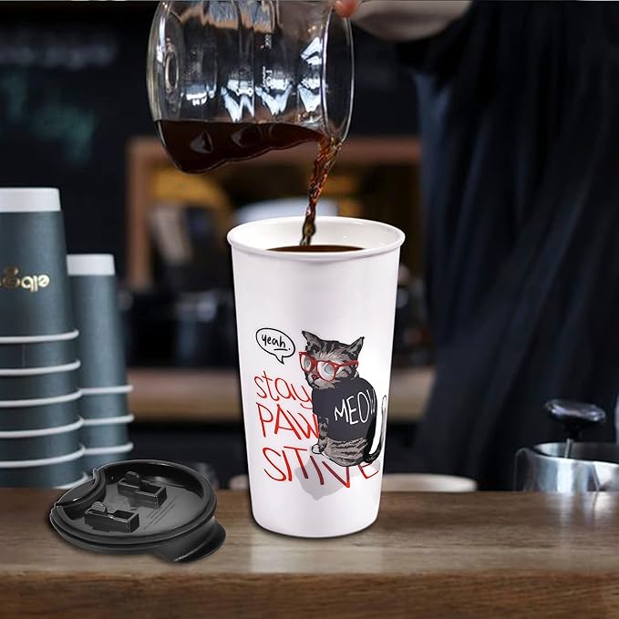 Ceramic Travel Coffee Mug, Reusable White Mug Unique To Go Coffee Cup with Splash Resistant Lid, Cute Travel Mugs for Cat Mon Dad Cat Lovers, 12 Ounce, Funny MEOW with Glasses Decor (Stay Paw Sitive)