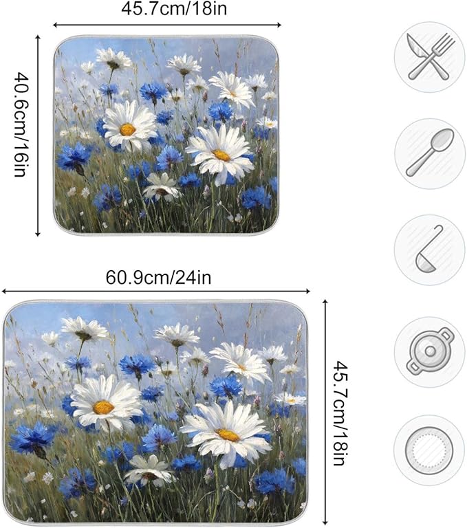 White Daisies and Cornflowers Dish Drying Mat for Kitchen Counter Super Absorbent Dishes Pad Reversible Microfiber Protector Dish Draining Mats 18x24 inch