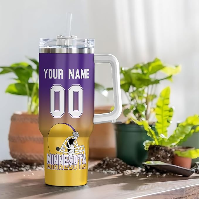 Custom Football Tumbler with Handle & Straw, Personalized 40oz Stainless Steel Insulated Travel Mug, Name & Number Cup, Sports Gift for Game Day Fans (Minnesota)