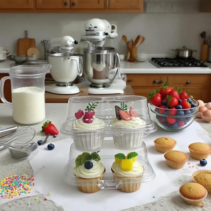 60 Pack of 2-Chamber Plastic Muffin Containers, Disposable Transparent Cupcake Container, Stackable Cake Stand, High Top Cupcake Stand For Cupcakes And Pancakes, BPA Free