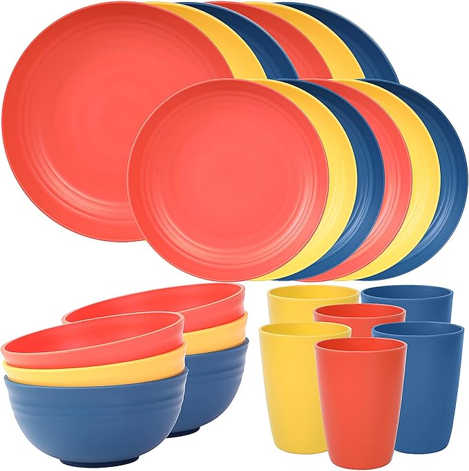 Quatish 24 Piece Plates and Bowls Sets for 6, Unbreakable Dinnerware Sets, Plastic Dish Set for Camping, Dishwasher Microwave Safe, Outdoor Kitchen and Apartment Dinning RV Essentials, Multi