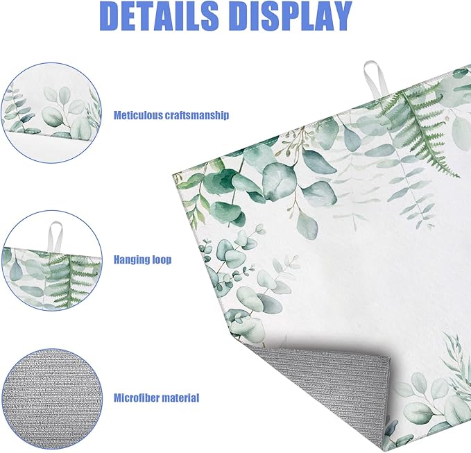 Sage Eucalyptus Dish Drying Mat for Kitchen Counter Spring Summer Drying Pad Absorbent Reversible Dish Drainer Rack Mats Draining Pad 18"x24"Inch