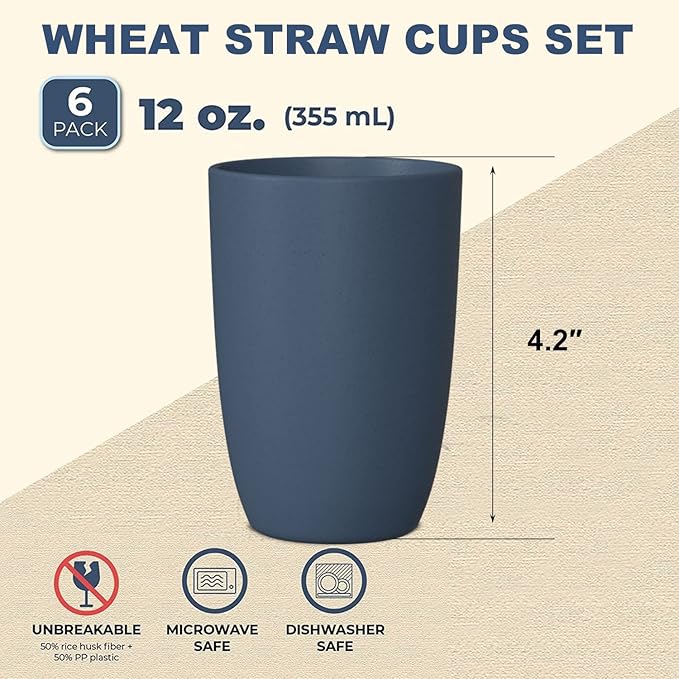 Wheat Straw Cups 6 PCS Good Alternative to Plastic Reusable Cups 12 oz Unbreakable Drinking Cup Reusable Dishwasher Safe Water Plastic Glasses Navy Blue