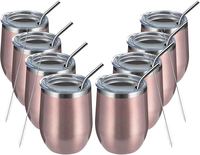 MEWAY 12oz/8 Pack Wine Tumbler Glasses with Lid - Stemless Double Wall Vacuum Stainless Steel Travel Tumbler - Keeping Cold & Hot for Wine,Coffee,Cocktails,Drinks (Rose gold,Set of 8)
