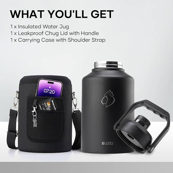 BUZIO 1 Gallon Water Bottle Insulated, (Cold for 48 Hrs) 3.58in Big Wide Mouth Leak Proof, 128oz Large Water Jug Stainless Steel Metal Flask with Handle for Camping,Outdoor Work,Travel,Hiking, Black