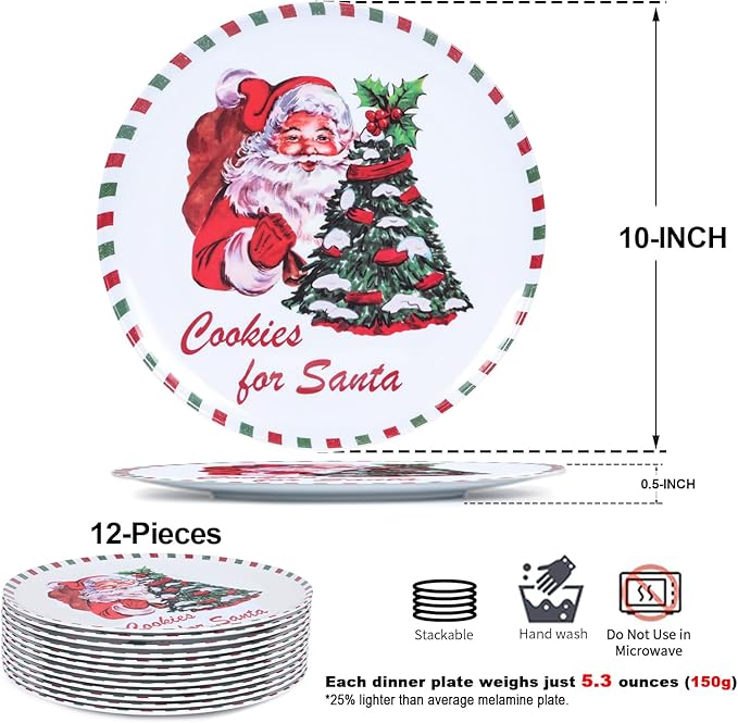 10-Inch Christmas Melamine Dinner Plates, 12-Piece Dishes Set, Lightweight & Stackable for Holidays& Decor‌ Party plates, Ideal for Salad,Dessert,Fruit and Cakes