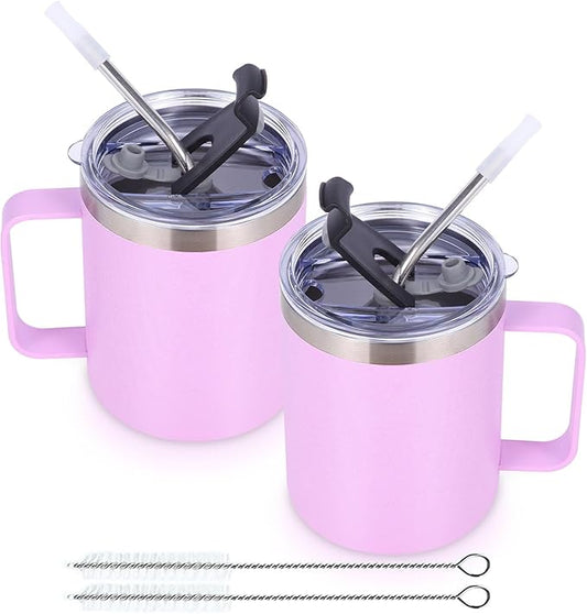 Volhoply 12oz Insulated Leakproof Coffee Mug with Flip & Straw Lid Bulk 2 Pack,Double Wall Vacuum Stainless Steel Travel Tumbler Cup with Handle,Reusable Camping Mugs Keep Cold/Hot(Purple,2 Set)
