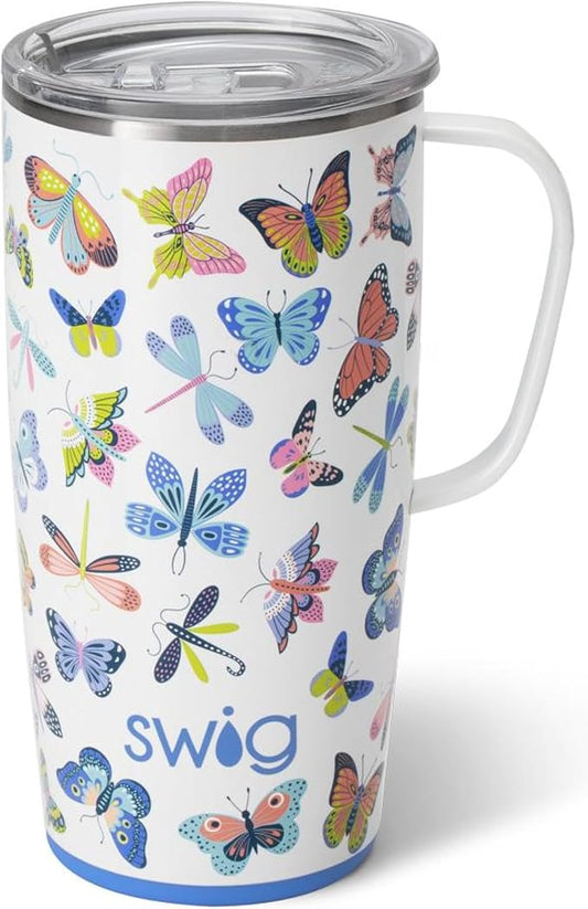 Swig Life 22oz Travel Mug, Insulated Tumbler with Handle and Lid, Cup Holder Friendly, Dishwasher Safe, Stainless Steel, Travel Coffee Cup, Insulated Mug with Lid (Butterfly Bliss)