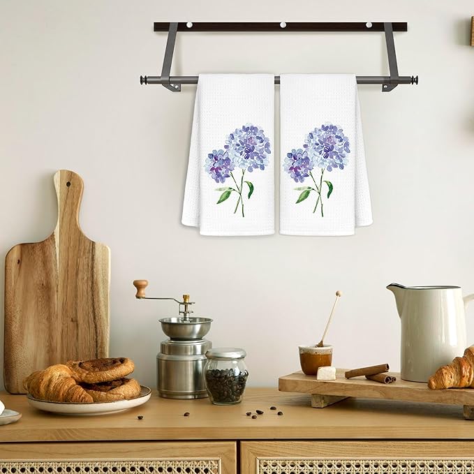 Purple Hydrangea Flowers Floral Kitchen Towels Set of 2 - Flowers Decorative Hand Towels for Bathroom, Purple Hydrangea Decor Dish Towels for Kitchen, Floral Hand Towels, 16x24