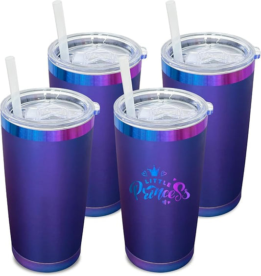20 oz Tumbler Bulk 4 Pack Stainless Steel Tumblers with Lids and Straws, Double Wall Vacuum Insulated Travel Coffee Mug for Laser Engrave, Powder Coated Cups for Hot and Cold Drinks (Blue,4 pack)