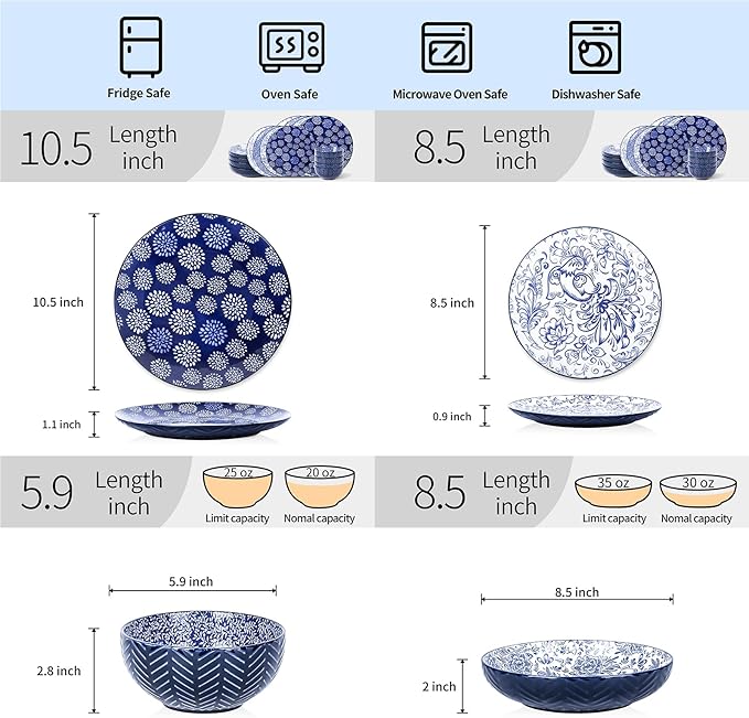Selamica Dinnerware Sets 16 Piece, Ceramic Plates and Bowls Set, Embossed Dishes Set for 4, Housewarming, Dark Blue
