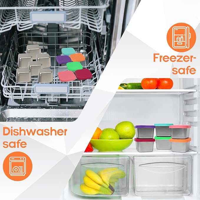 6 Pack 6oz Stainless Steel Snack Containers，304 food grade material,Easy-open, stackable, leak-proof snack containers with silicone lids are perfect for festival, school, and travel.