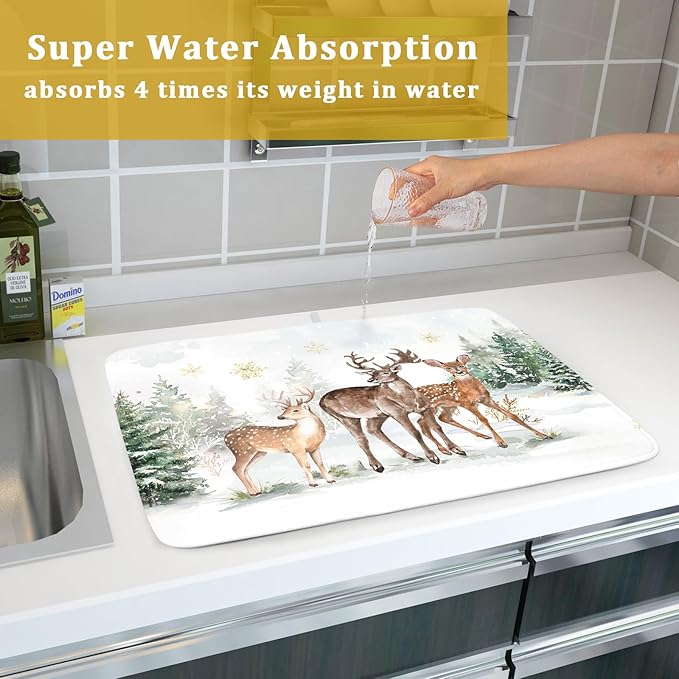 Winter Deer Dish Drying Mat for Kitchen Counter Xmas Trees Snowflake Festival Microfiber Absorbent Dish Draining Reusable Washable Foldable Extra Large 18"x24"