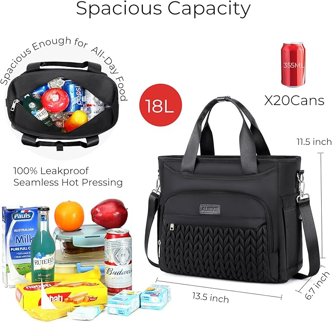 AIJIEKE Insulated Lunch Bag for Men Women, Lunch Box, Lunch Tote for Work, Large Leak Proof Cooler Bag with Removable Strap, Reusable Adult Lunchbag, Picnic, Office, Beach (A.Black)