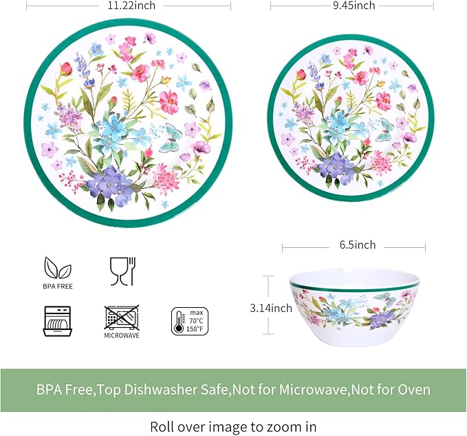 Melamine Dinnerware Set 12-Piece for 4 Dish Set Plates Bowls Unbreakable Dishware for Indoor Outdoor Use Lightweight Durable for Camping Picnics Parties Green