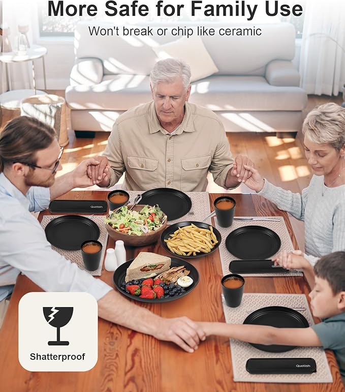 Quatish 32 Piece Plates and Bowls Sets for 8, Unbreakable Dinnerware Sets, Plastic Dish Set for Camping, Dishwasher Microwave Safe, Outdoor Kitchen and Apartment Dinning RV Essentials, Black