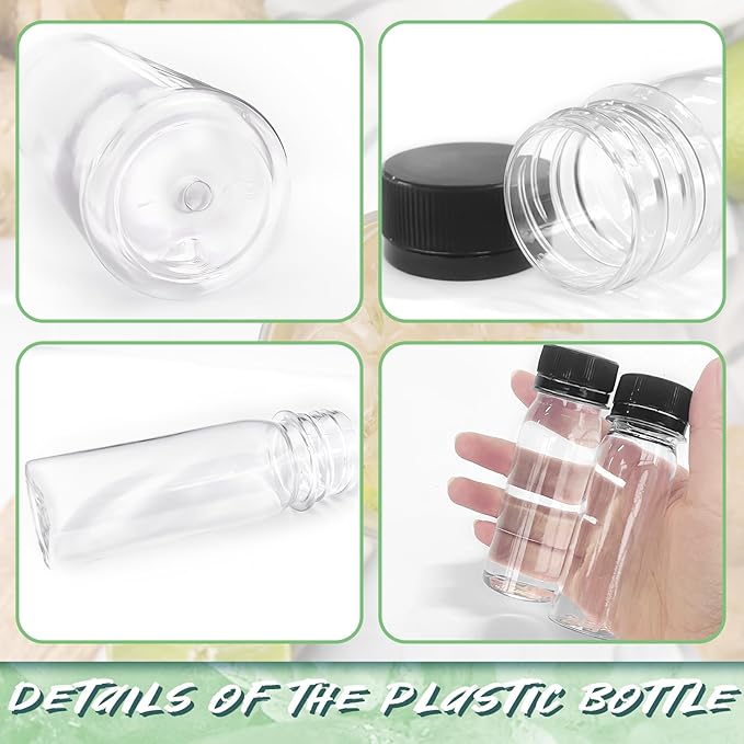30 Pcs 2 Oz Small Plastic Bottles for Liquids,Ginger Shot Bottle with Lids,Reusable Bulk Beverage Containers for Juice,Liquor,Potion,Wellness,DIY,Wedding,Party,Travel(Black Cap)