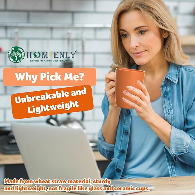 Homienly Plastic Cups Reusable Wheat Straw Cups 8 PCS a Good Alternative Plastic Water Glasses Unbreakable Drinking Cup Reusable Dishwasher Safe Microwave Safe Cups with Orange Color (12 OZ)