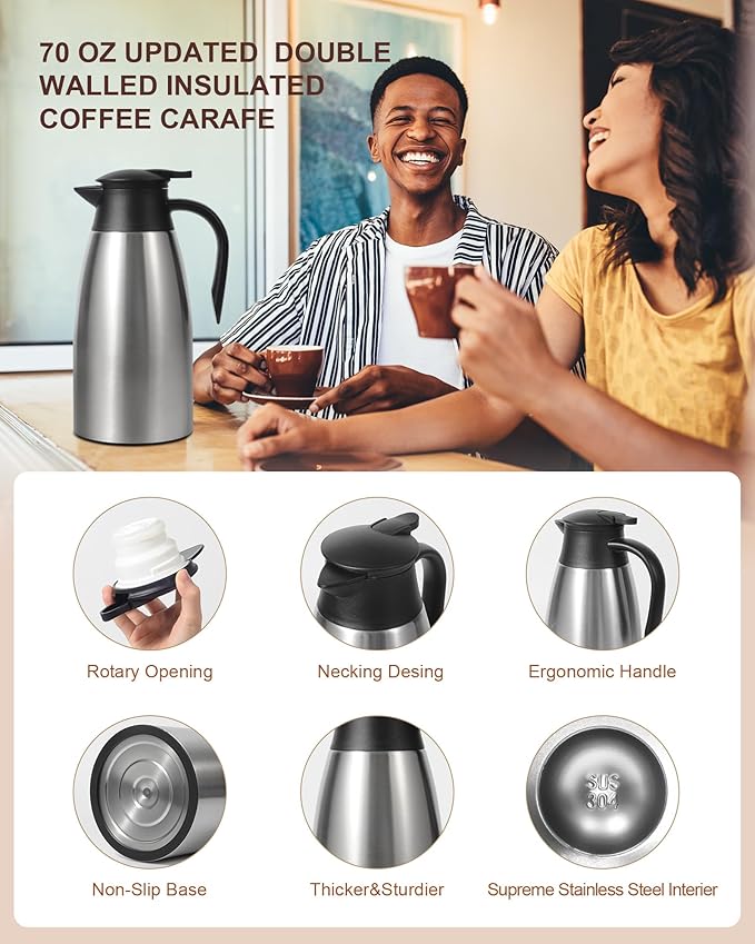 70 OZ Thermal Coffee Carafe,Updated Insulated Stainless Steel Coffee Carafes for Keeping Hot Coffee & Tea Hot Beverage-12Hours, Double Walled Vacuum Coffee Carafe (silver)