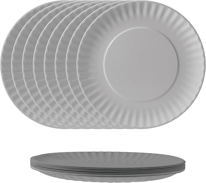 TP Melamine Plates Set of 8, 8-Inch Lightweight Reusable Plates for Picnic, Party, BBQ & Camping, Dishwasher Safe Tableware for Salads, Appetizers & Desserts, Grey