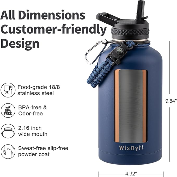 64 oz Insulated Water Bottle with Straw (Cold for 48 Hrs), Half Gallon Stainless Steel Triple Wall Vacuum Sports Water Jug, Leakproof Hydro Cup Flask with Straw Spout Lids & DIY Stickers