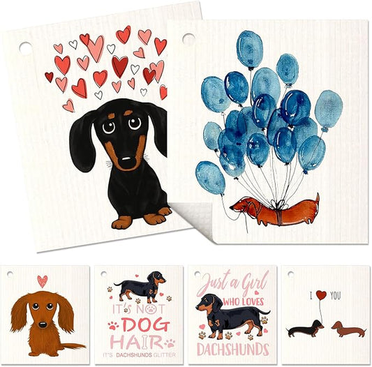 6 Pack Swedish Dishcloths for Kitchen - Reusable Dish Cloths for Washing Dishes Absorbent Cute Funny Kitchen Towels Cleaning Sponge, Love Dachshund