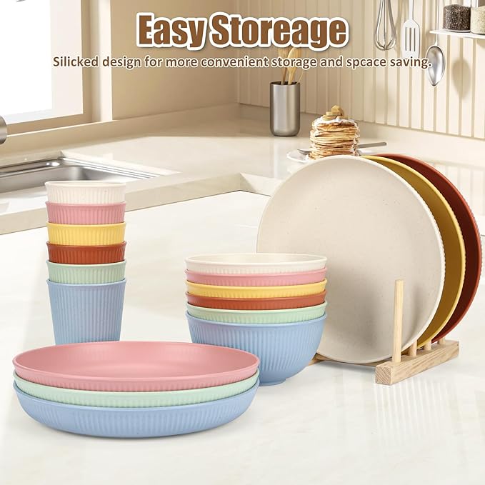 18PCS Wheat Straw Dinnerware Sets Unbreakable Reusable Dinnerware Set for 6, Microwave Dishwasher Safe Dinnerware Dinner Outdoor Camping Dishes