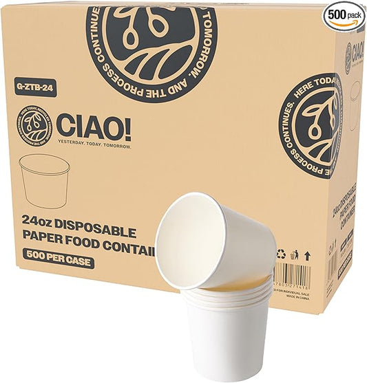 CIAO! 24OZ Disposable White Paper Food Container, 115mm Diameter, Lids Sold Separately (500/case)