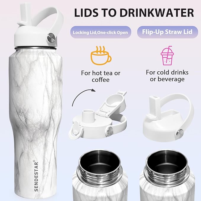 SENDESTAR 40oz Stainless Steel Water Bottle(Cold for 48 Hrs, Hot for 24 Hrs),Double Wall Vacuum Insulated Bottle with Straw Lid, Spout Lid and Flex Cap, Fit in Any Car Cup Holder TXIN-40-Marbling