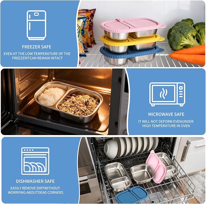 2 Pack Stainless Steel Snack Containers With Lid, 2 Compartment Snackle Box Container,Leak-Proof Reusable Food Storage Container,For Work, Travel, School, And The Gym