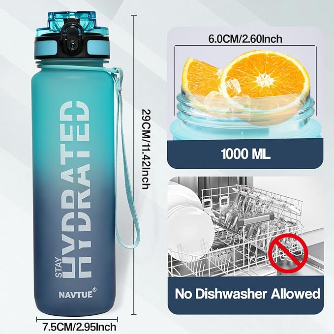 Water Bottle, 32 oz Sports Water Bottles with Time Marker Wide Mouth, Motivational and Leakproof Drink Bottle, BPA Free Tritan with Carry Strap for Gym Fitness Outdoor(Direct Drink 1 Bottle)