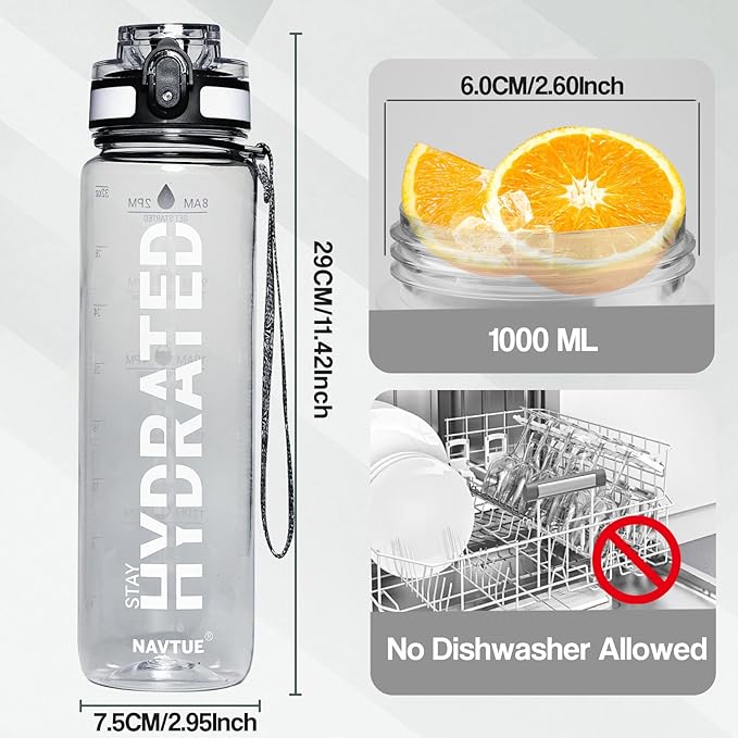 Water Bottle, 32 oz Sports Water Bottles with Time Marker Wide Mouth, Motivational and Leakproof Drink Bottle, BPA Free Tritan with Carry Strap for Gym Fitness Outdoor(Direct Drink 1 Bottle)