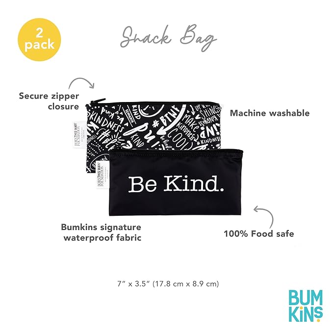 Bumkins Reusable Snack Bags, for Kids School Lunch and for Adults Portion, Washable Fabric, Waterproof Cloth Zip Bag, Supplies Travel Pouch, Food-Safe Storage, 2-pk Born This Way Be Kind