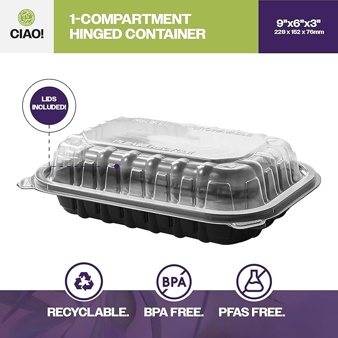 CIAO! 9"x6"x3" Polypropylene Black bottom with Clear Lid Hinged Container 1 Compartment Take Out Container, Microwavable, Recyclable and Reusable, (Case of 150)