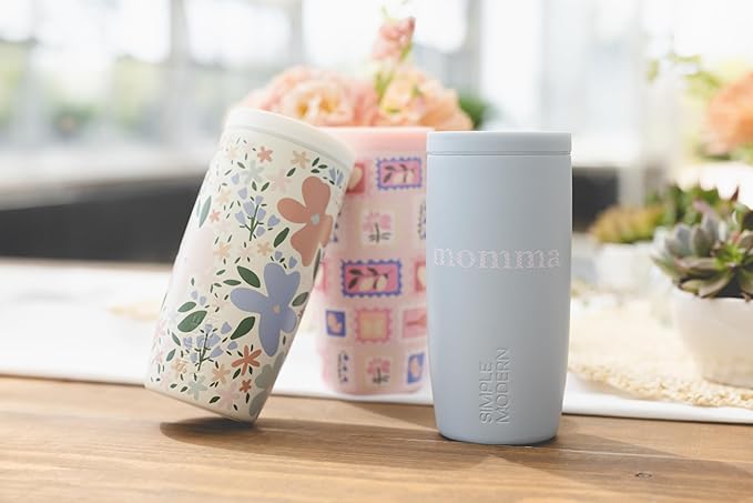 Simple Modern Mother's Day Travel Coffee Mug Tumbler with 360° Lid | Gifts for Her | Ceramic-Lined Insulated Stainless Steel Cold Brew Iced Coffee Cup | Voyager Signature | 16oz | Stamps