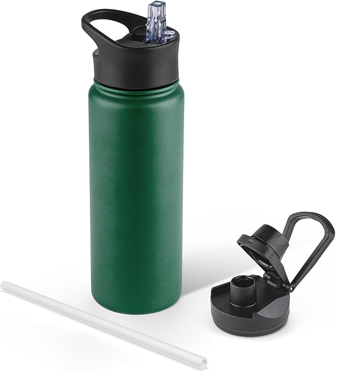 24 oz Insulated Water Bottle with Straw Lid & Wide Mouth Lids, Stainless Steel Sports Water Bottles, Double Walled Vacuum, Leak Proof, Dark Green