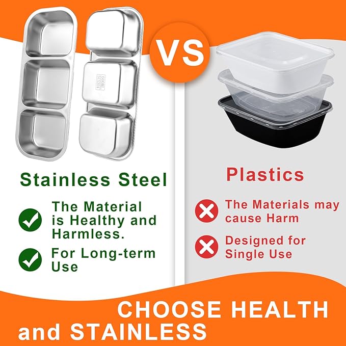 4 Pack Stainless Steel Snack Containers, 2/3 Compartment Metal Lunch Box, Leak Proof Snack Containers with Lids, with Fork and Spoon for School, Work, Travel (4pcs 3 Grids Lunch Box)