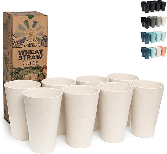 Grow Forward Premium Wheat Straw Cups - 20 oz Unbreakable BPA Free Hard Plastic Cups - Reusable Lightweight Plastic Drinking Glasses for Kitchen, Outdoor, Water, Camping, RV - Sahara