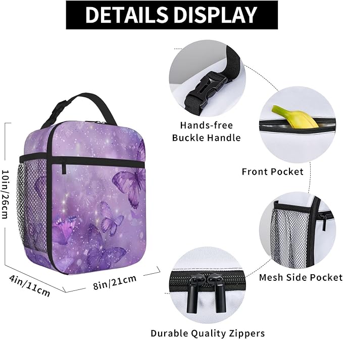 SUPLUCHOM Lunch Bag Butterfly Purple Pastel Insulated Box Reusable with Side Pocket for Girl Boy Women Men Work School Picnic Hiking Daytrip Over 3 Years Old