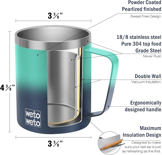 WETOWETO 14 oz Coffee Mug Set, Vacuum Insulated Camping Mug with Lid, Double Wall Stainless Steel Travel Tumbler, Coffee Cup Outdoor, Powder Coated Secret Ocean