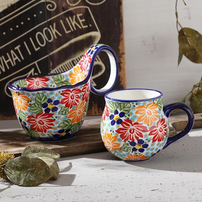 ALMA 2025 Updated Ceramic Coffee Mug 12oz/380ml,Floral Belly Mug for Women,Tea Cup For Mother,Microwave Oven Safe(Thriving Floral,Medium)