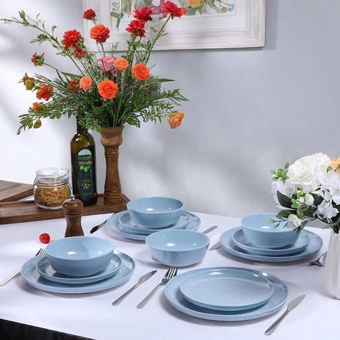 Webbylee 6-inch Melamine Bowls set of 6-20-ounce Dinnerware Cereal Bowls for Soup, Salad & Dessert | Dishwasher Safe & Space Saving(Blue/Beige)