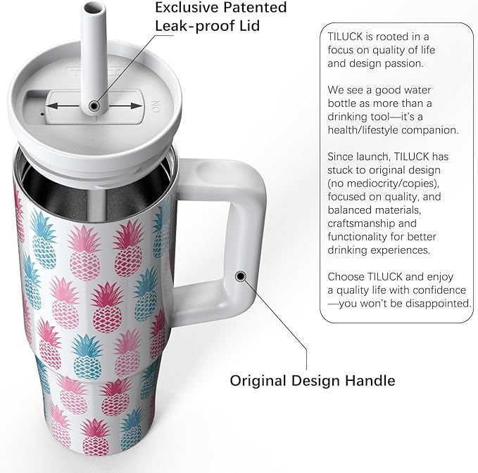 TILUCK 30 oz Tumbler with Handle, Vacuum Insulated Stainless Steel Travel Mug with 100% Leak-Proof Silicone Straw Lid, Cupholder Friendly Water Bottle(Pineapple, 30oz)