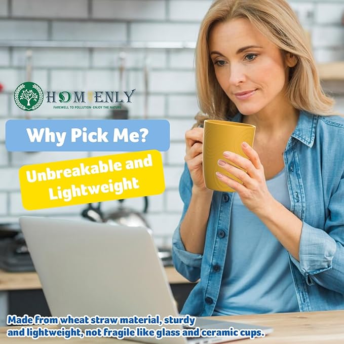 Homienly Wheat Straw Cups 8 Pcx Unbreakable Drinking Cup Reusable Dishwasher Safe Microwave Safe Plastic Reusable Cups with Yellow Color (12 OZ)