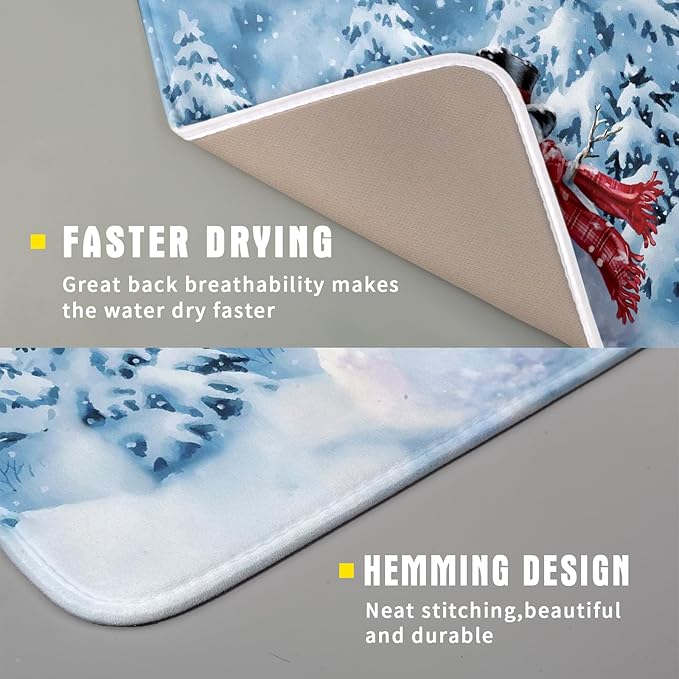 Blue Snowman Dish Drying Mat Winter Pine Tree Drainer Rack Mats 16x18 Inch Absorbent Fast Dry Dish Pad Protector Kitchen Counter Accessories