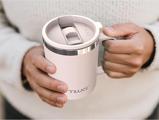 TILUCK 12 oz Insulated Coffee Mug with Lid, Leak-Proof Stainless Steel Travel Mug Cup with Handle for Hot or Cold Drinks(SakuraPink, 12oz)