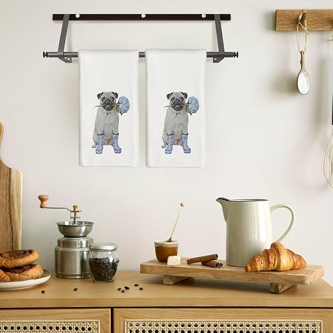 Blue Chinoiserie Hydrangea Pug Dog Kitchen Towels, Pug Lover Gifts Dish Tea Towels for Kitchen Decor, Dog Lovers Mom Gifts Decorative Hand Towel for Bathroom, 16x24 Inch