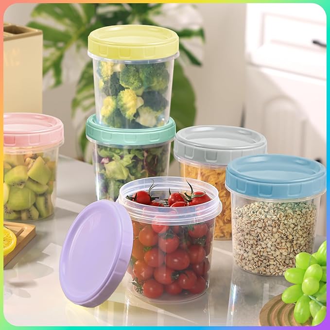12pcs 32 oz Plastic Containers with Screw Top Lids, Reusable Clear Food Storage Containers with Pen and Brush, Leakproof Freezer Soup Containers, Microwave & Dishwasher Safe