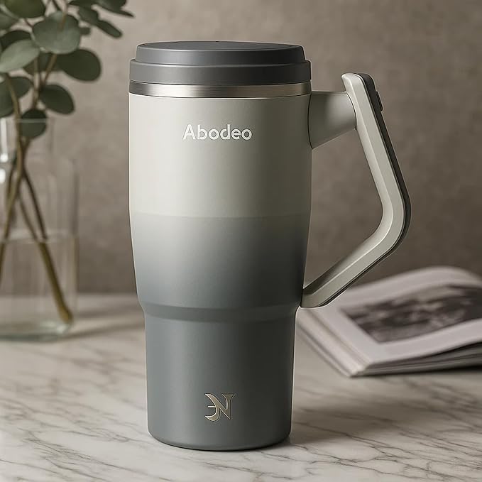 40 oz Insulated Coffee Tumbler with Handle, Straw, & Leak Proof Lid - Double Wall Flask, Reusable Travel Tumblers - Stainless Steel Coffee Mug- Fits Car Cup Holders (Dark & Light Grey)