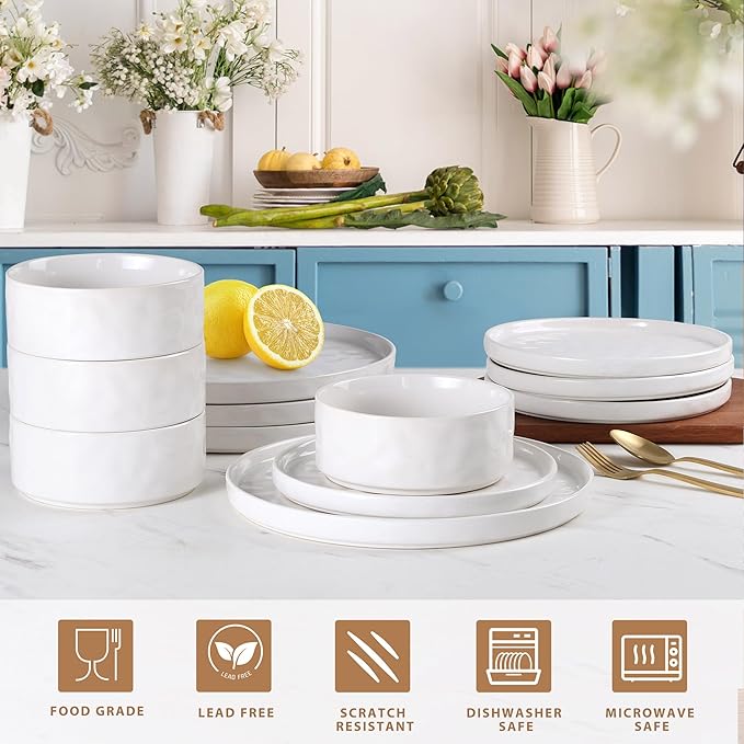 LIANYU 6 Piece Stoneware Dinnerware Sets for 2, Kitchen Plates and Bowls Dishes Sets, Speckled Dinner Ware Dishware, Chip and Scratch Resistant, Microwave & Dishwasher Safe, Polar White